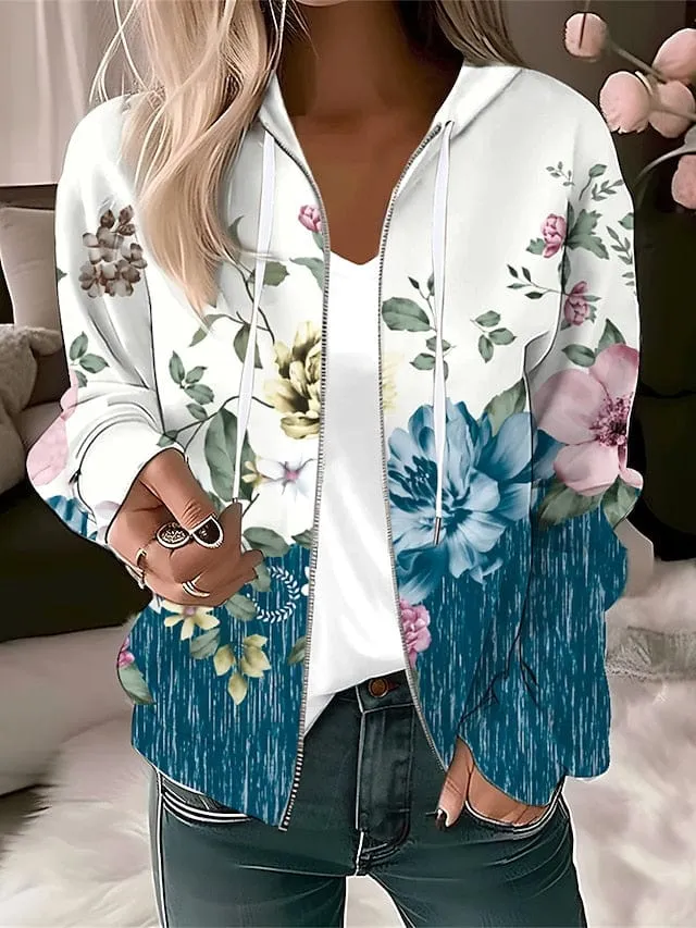 Floral Zip Up Hoodie for Women - Blue Green Light Blue Casual Sports Top