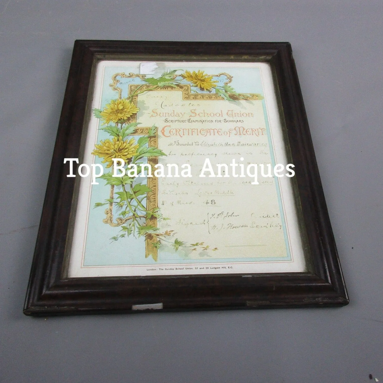 Framed Sunday School Certificate With Floral Decoration Victorian 1898