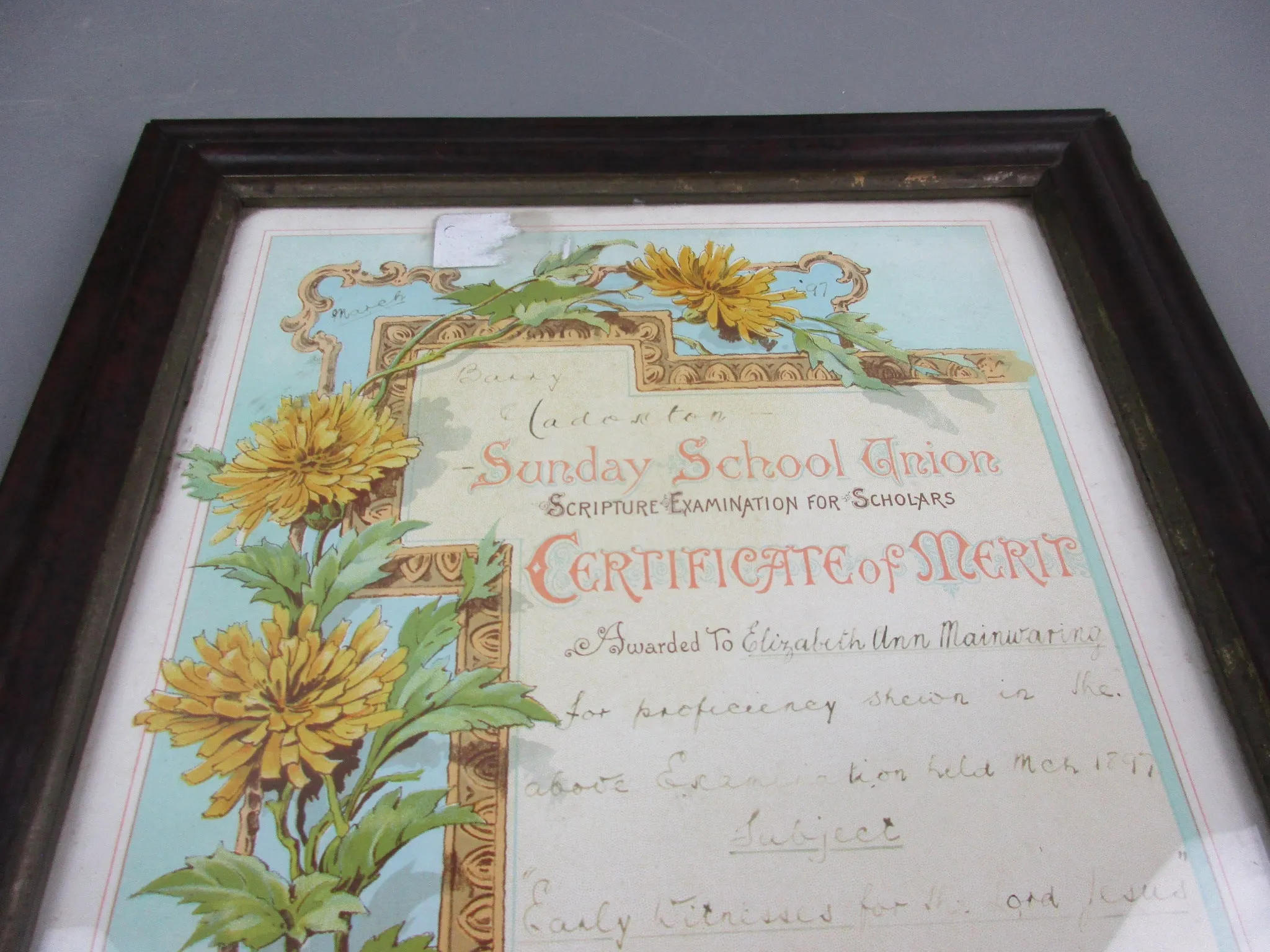 Framed Sunday School Certificate With Floral Decoration Victorian 1898