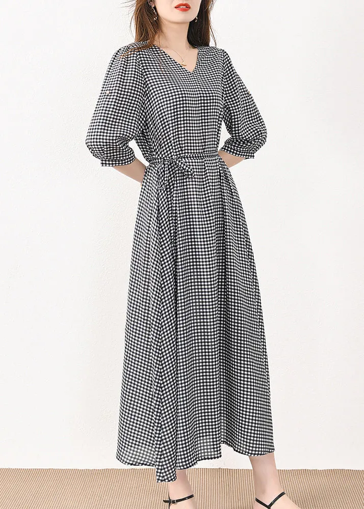 French Plaid Pockets Tie Waist Silk Cotton Long Dresses Half Sleeve MN057