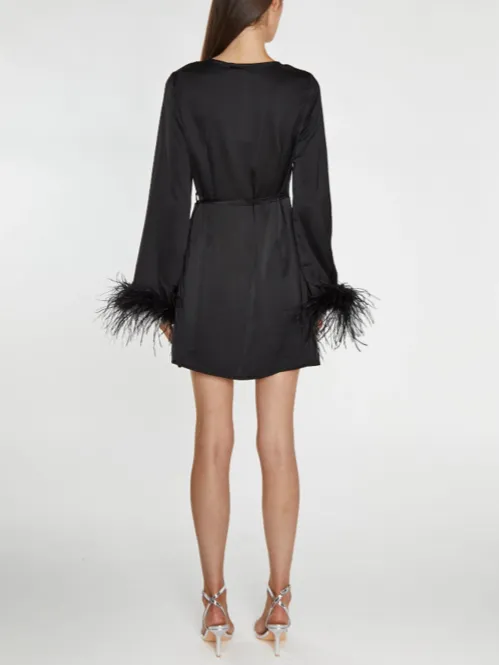 GLAMOROUS Satin Feather Trim Wrap Mini Dress