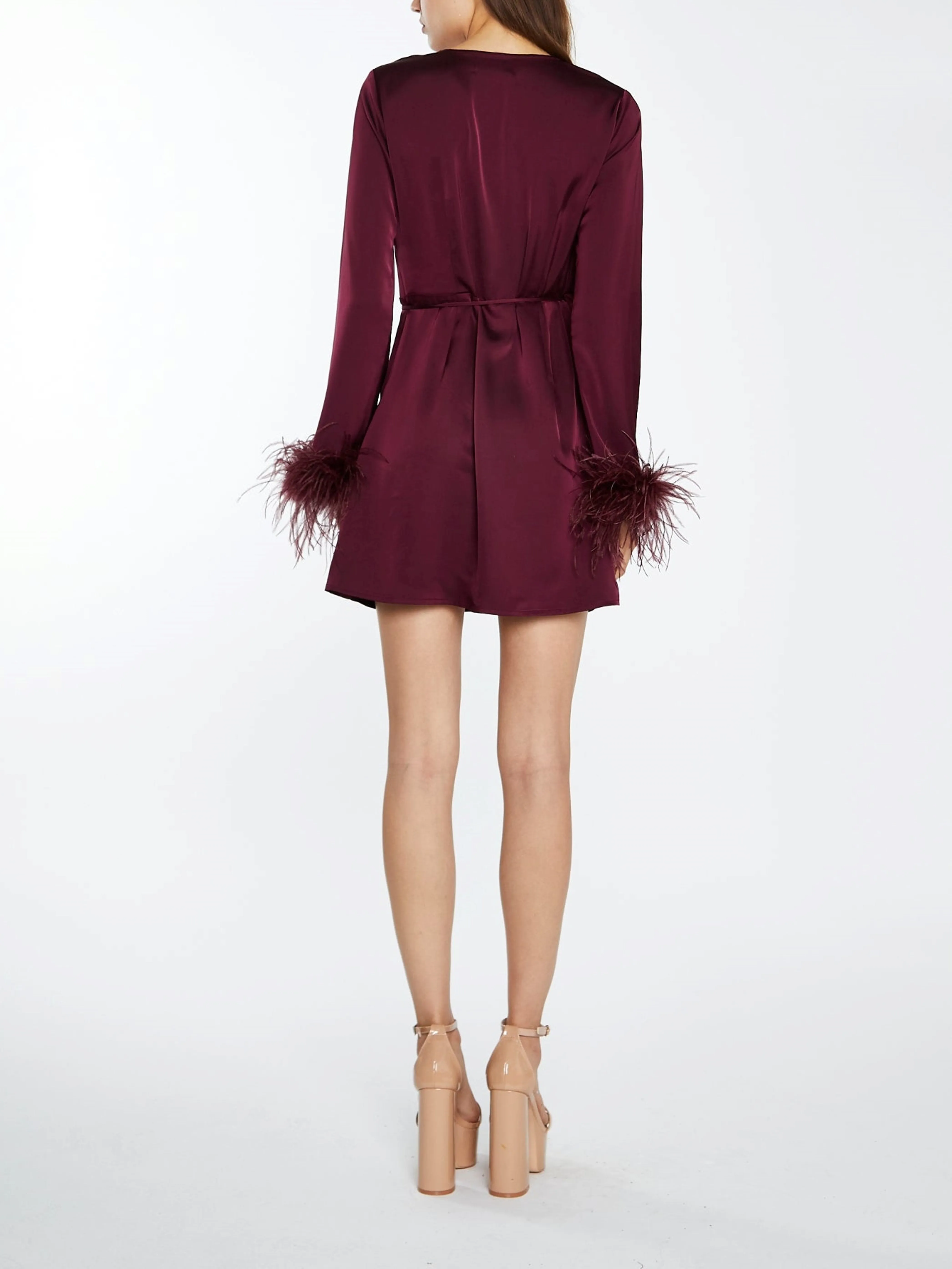 GLAMOROUS Satin Feather Trim Wrap Mini Dress