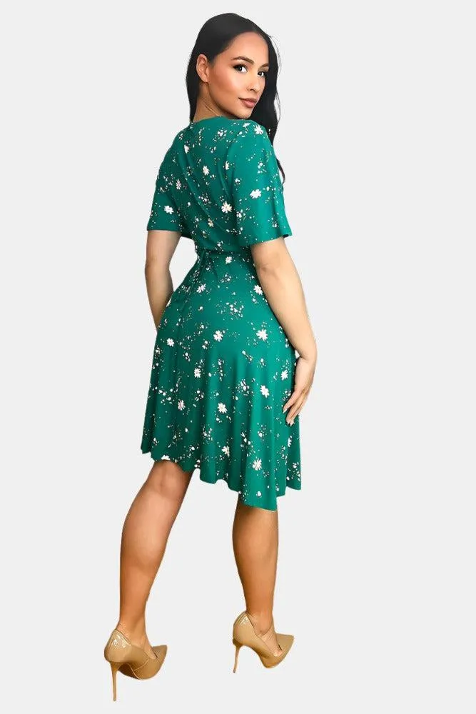 Green Floral Print Classic Wrap Dress