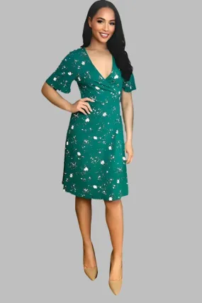 Green Floral Print Classic Wrap Dress