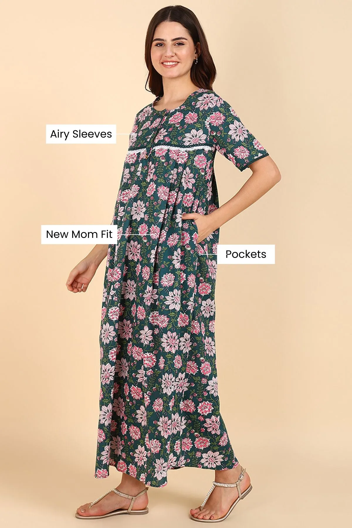 Green Floral Printed 100% Soft Cotton Zipless Maternity Maxi