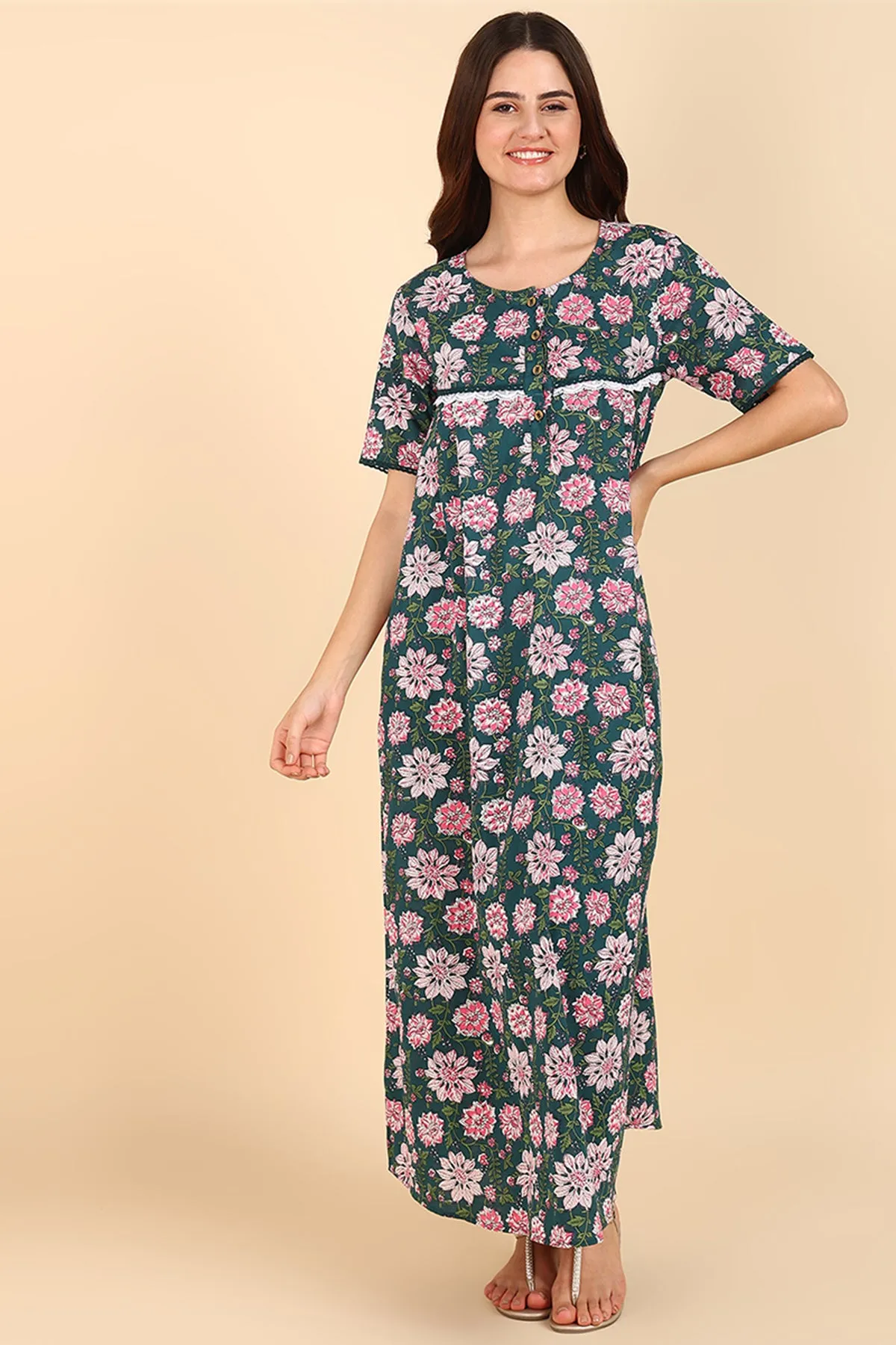 Green Floral Printed 100% Soft Cotton Zipless Maternity Maxi