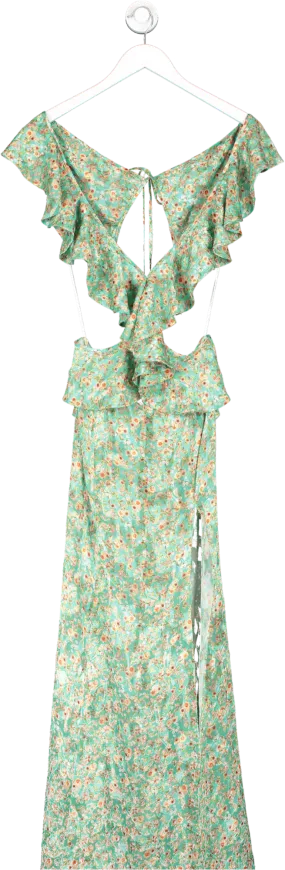 Green Silk Floral Print Maxi Dress UK M