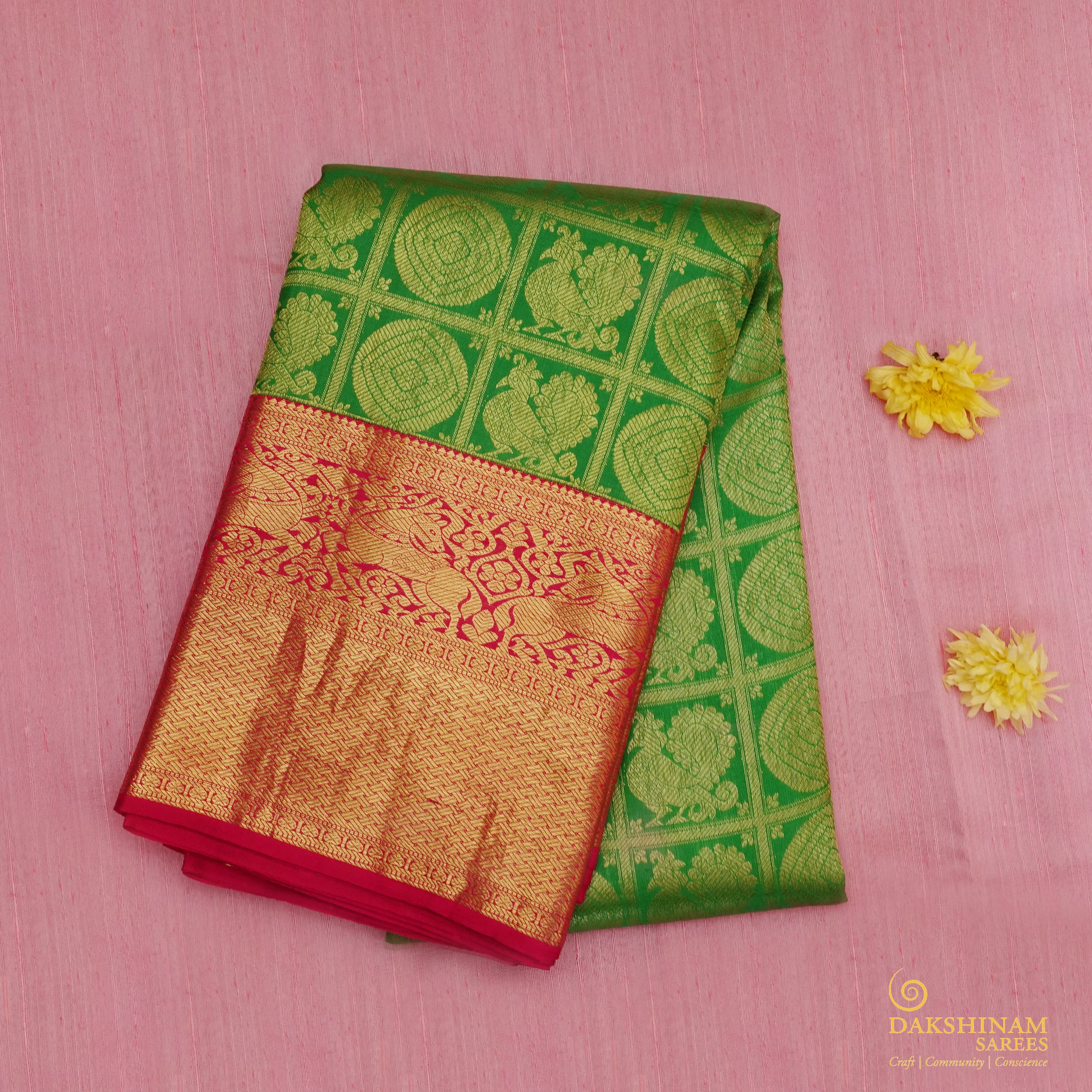 Handwoven Green with Pink Kanjivaram Silk Saree - 1881N007841DSC