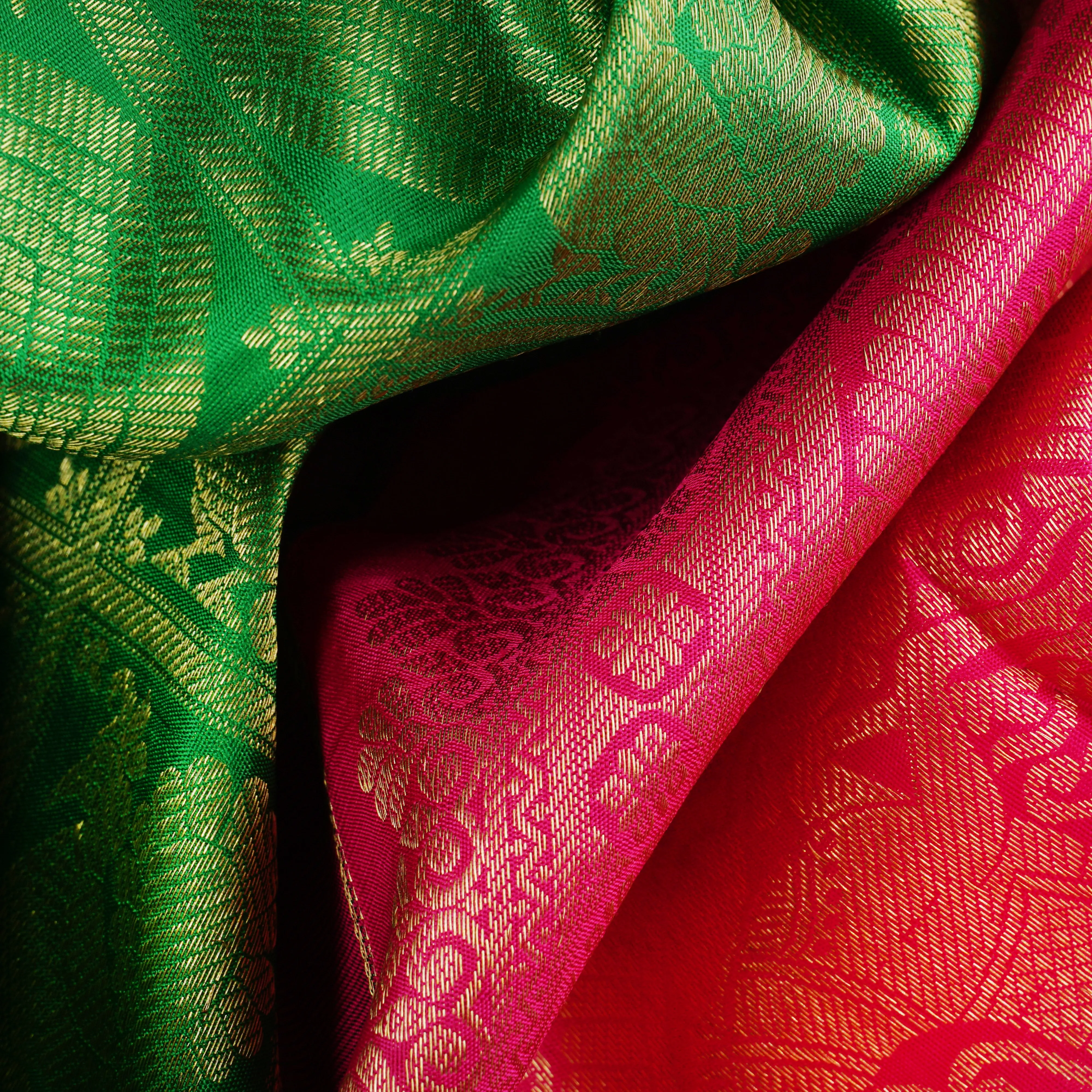 Handwoven Green with Pink Kanjivaram Silk Saree - 1881N007841DSC