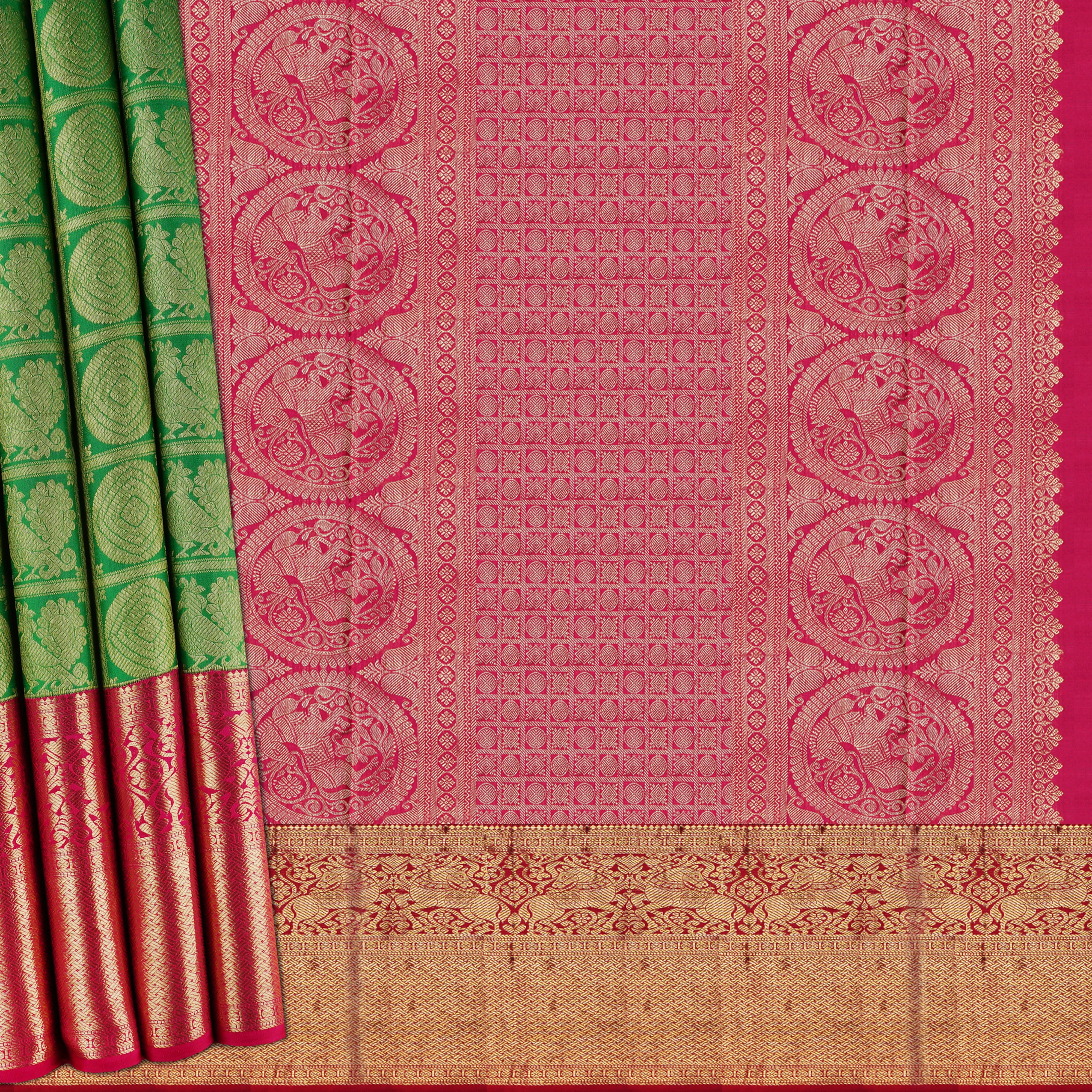 Handwoven Green with Pink Kanjivaram Silk Saree - 1881N007841DSC