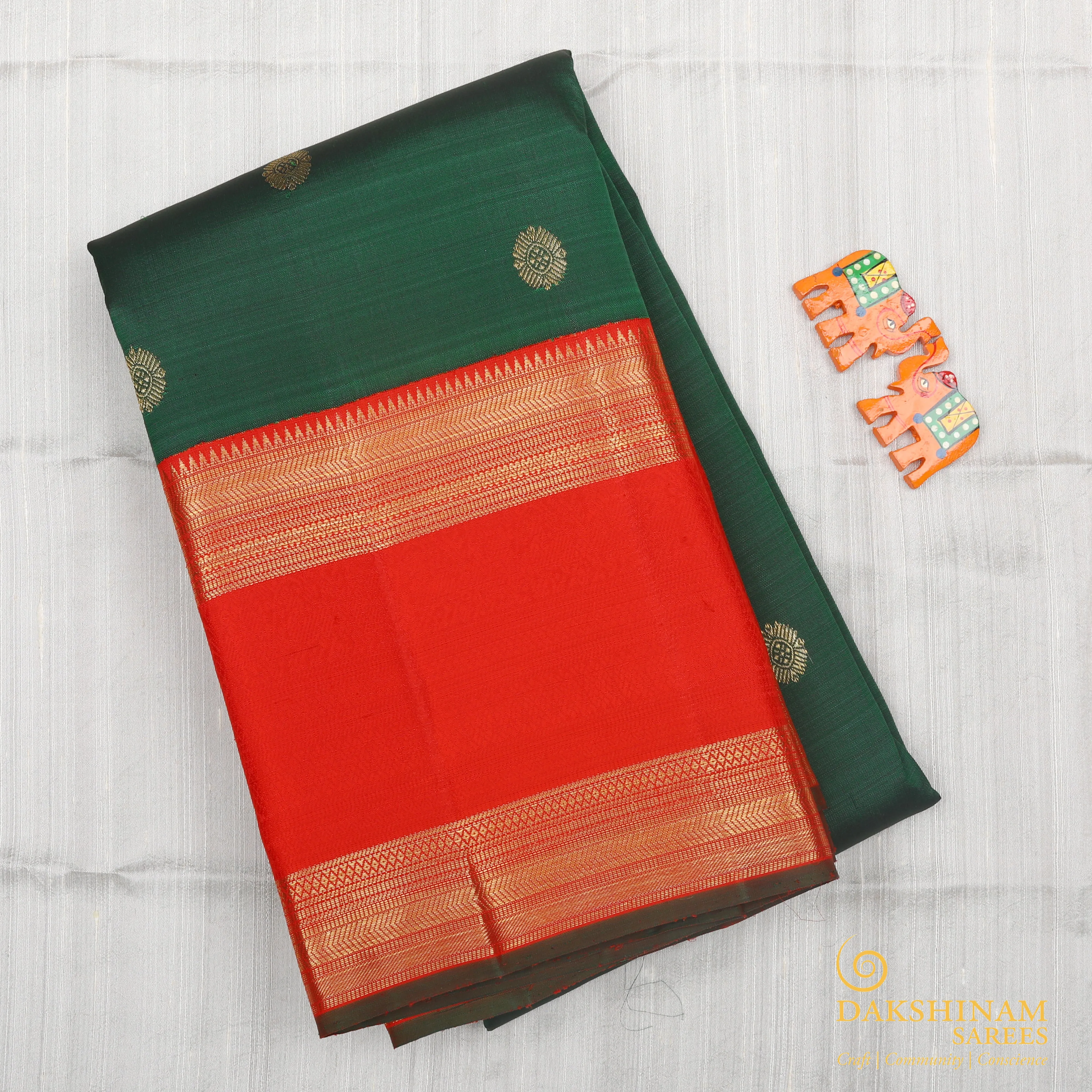 Handwoven Green with Red Kanjivaram Silk Saree - 1477T005181DSC