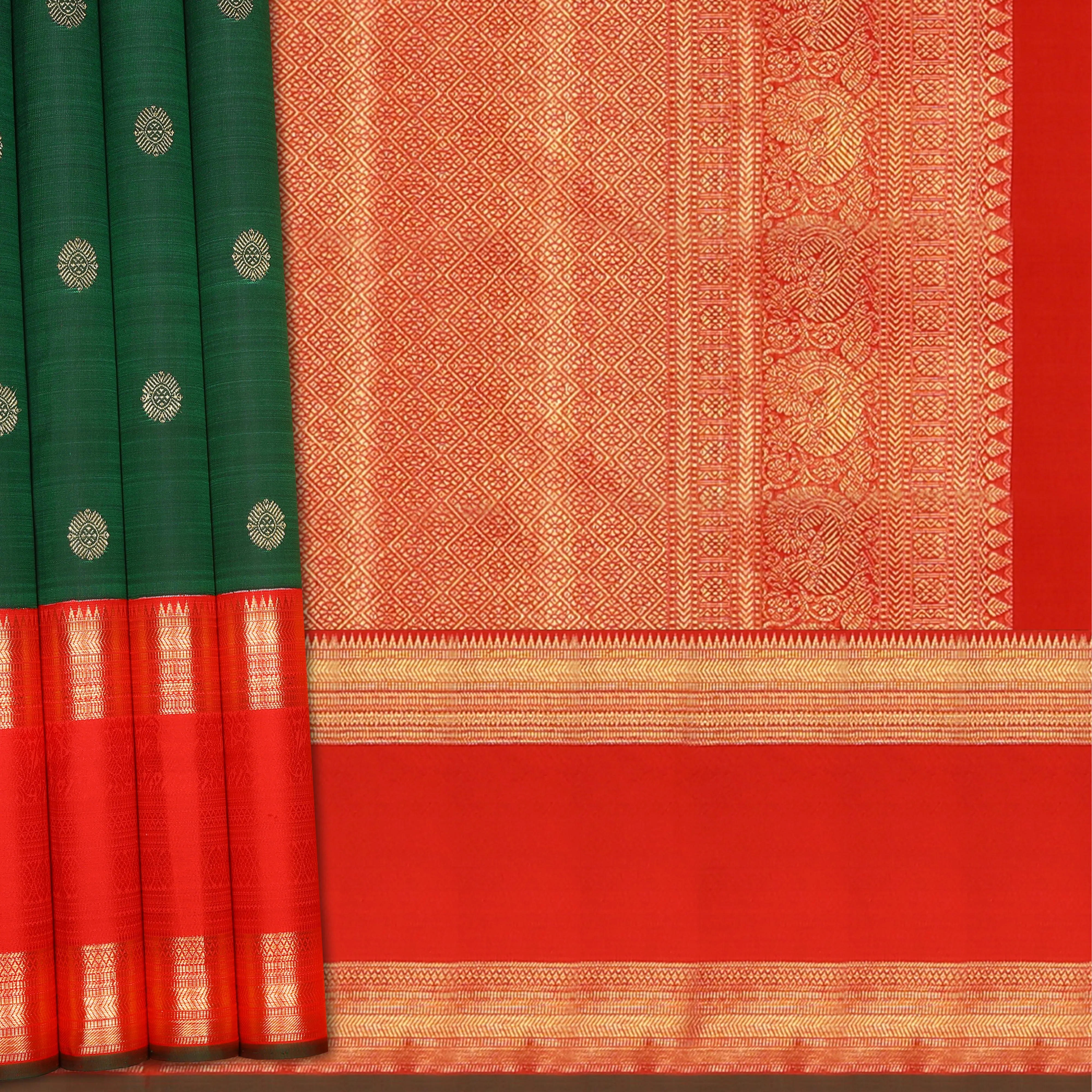 Handwoven Green with Red Kanjivaram Silk Saree - 1477T005181DSC