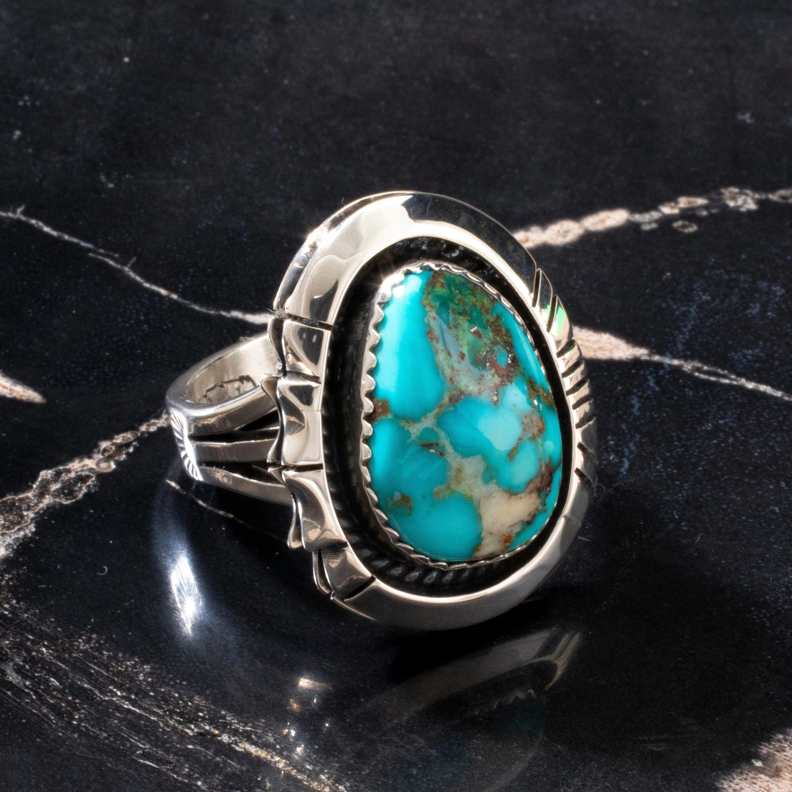 Joe Piaso Jr.  King Manassa Turquoise Navajo USA Native American Made 925 Sterling Silver Ring