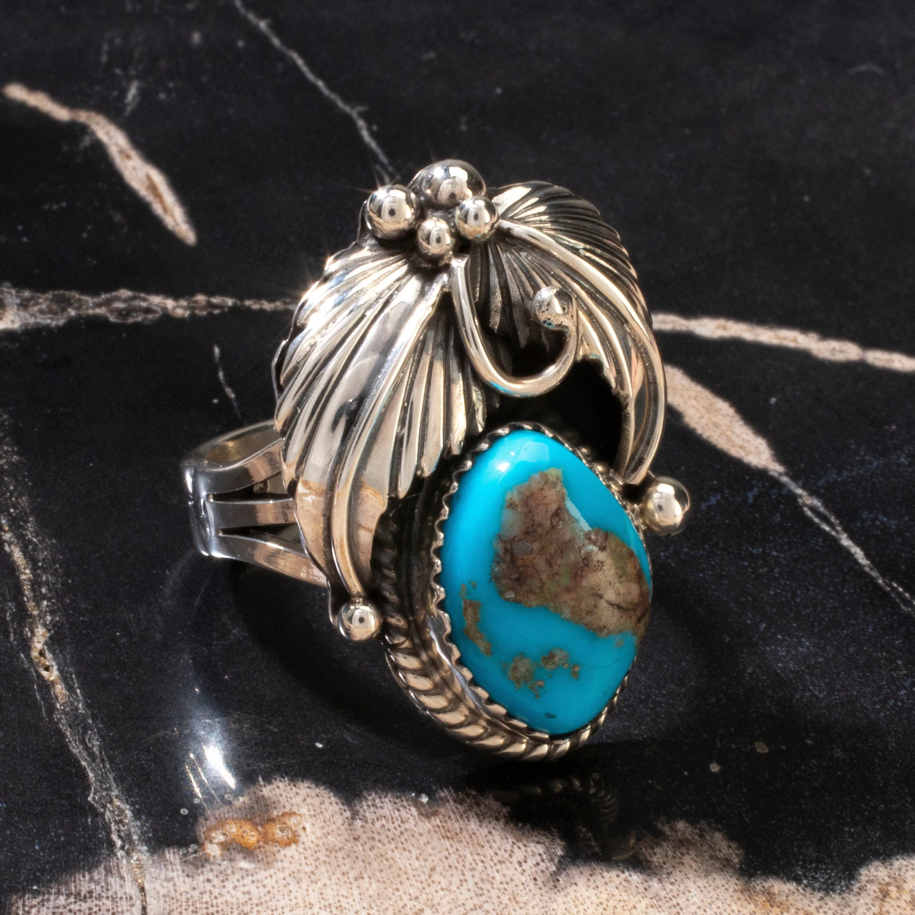 Joe Piaso Jr. Sleeping Beauty Turquoise Feather Navajo USA Native American Made 925 Sterling Silver Ring