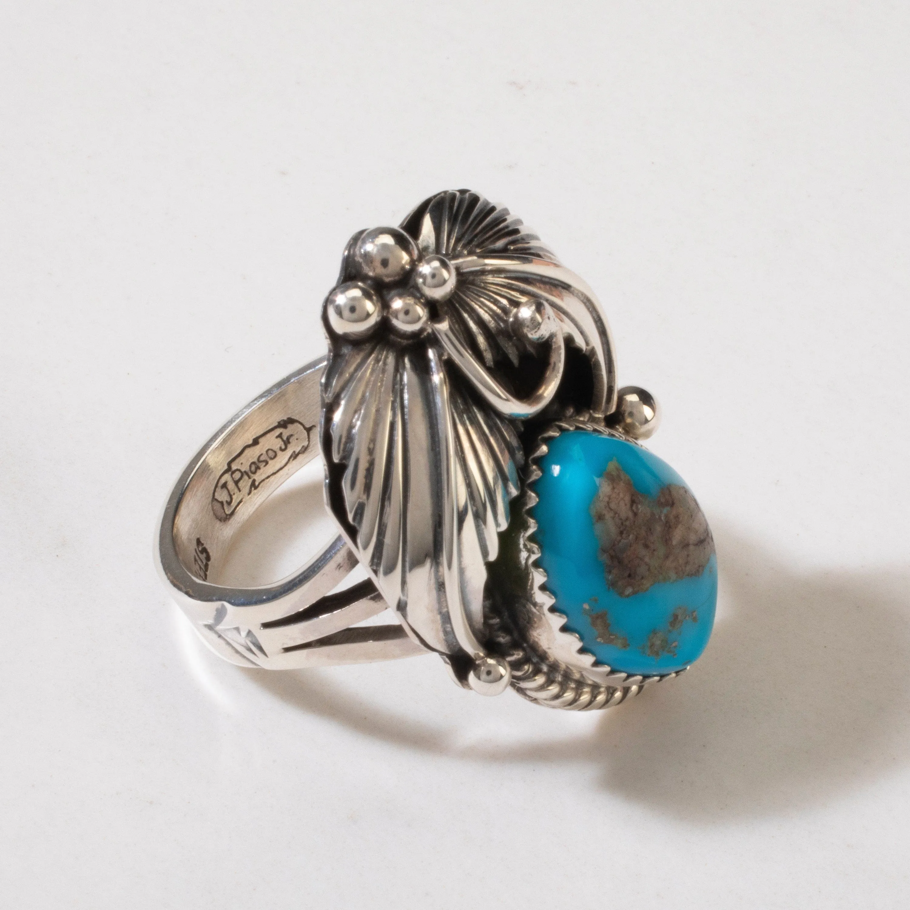 Joe Piaso Jr. Sleeping Beauty Turquoise Feather Navajo USA Native American Made 925 Sterling Silver Ring