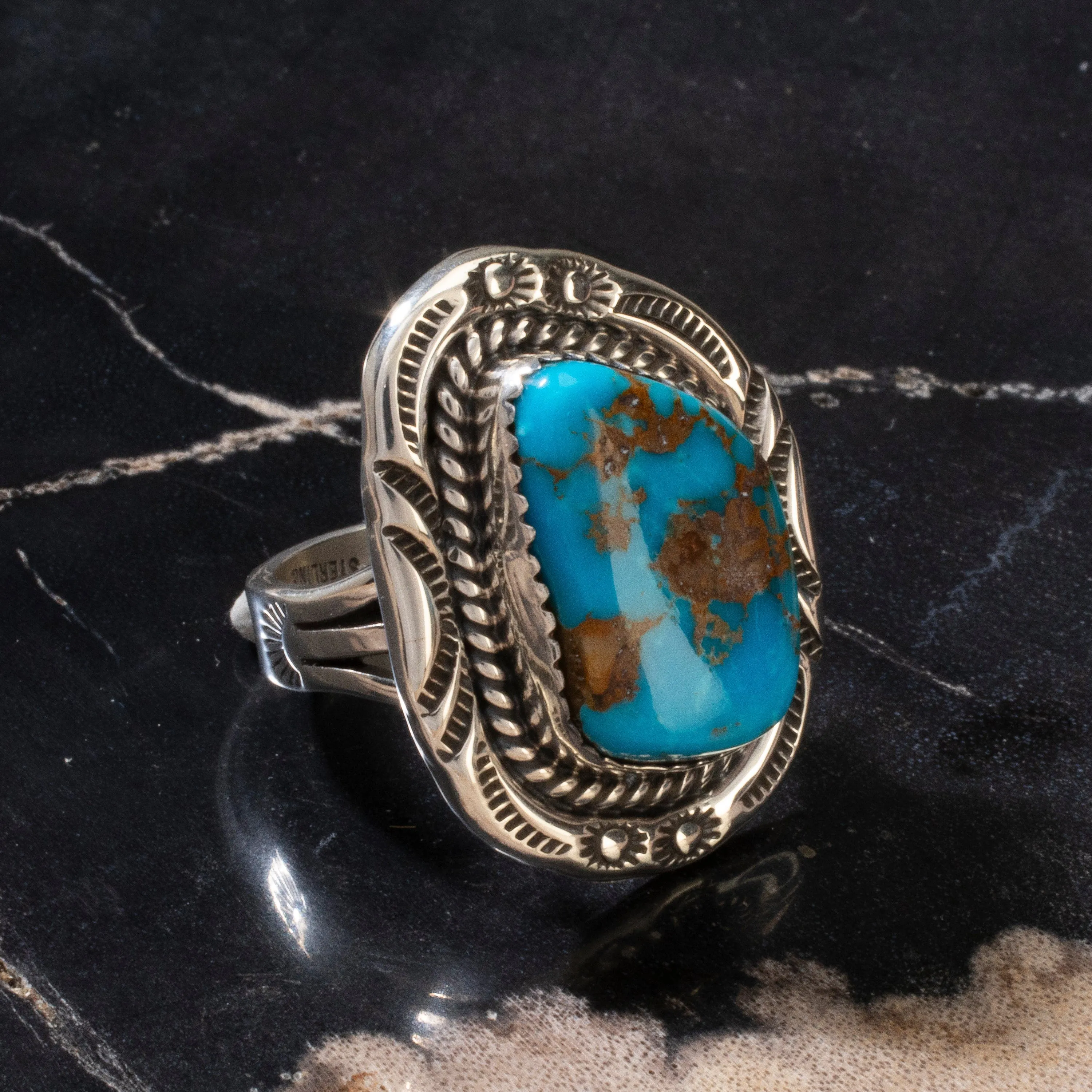 Joe Piaso Jr. Sleeping Beauty Turquoise Navajo USA Native American Made 925 Sterling Silver Ring