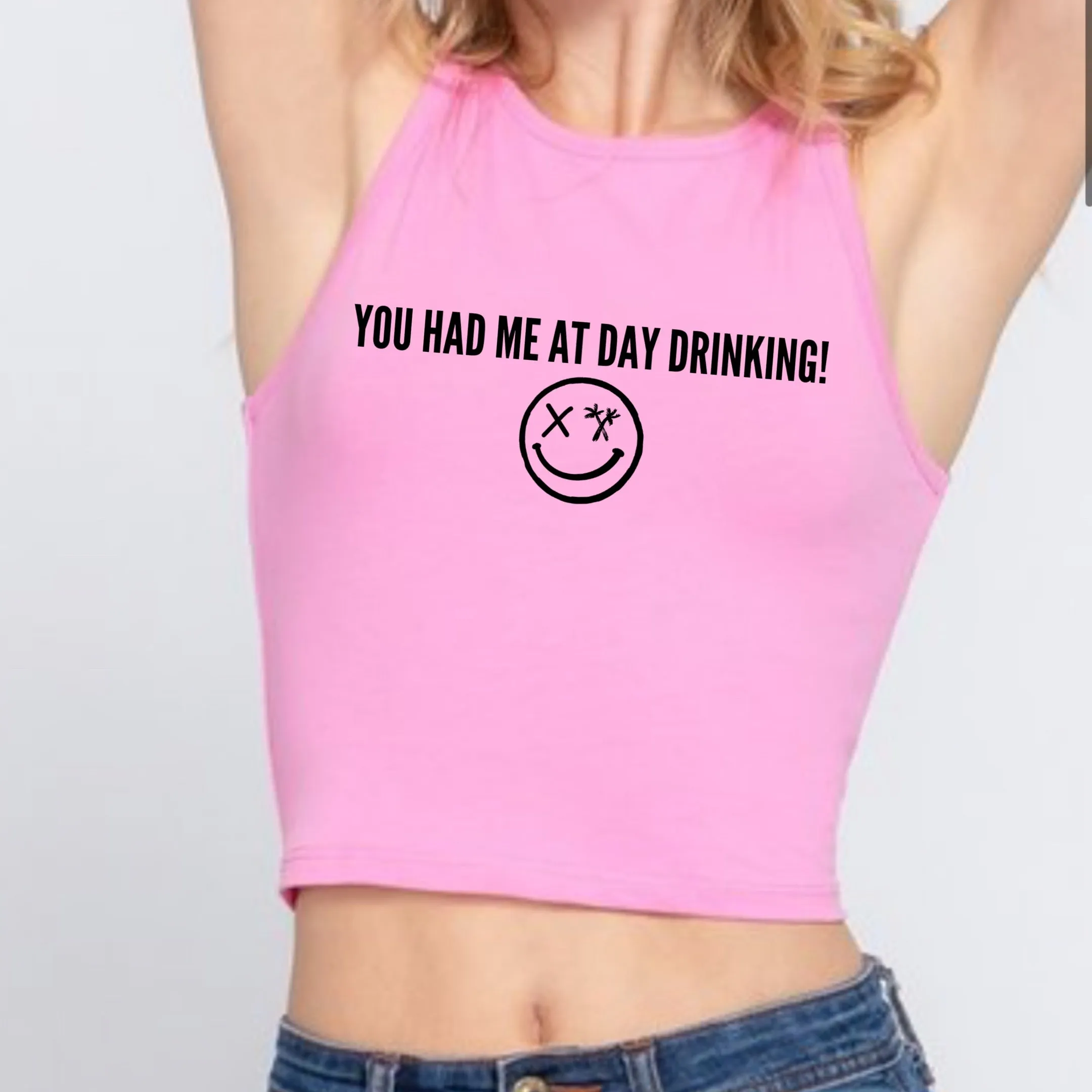 Ladies "Day Drinking" High Neck Sleeveless Crop Tank