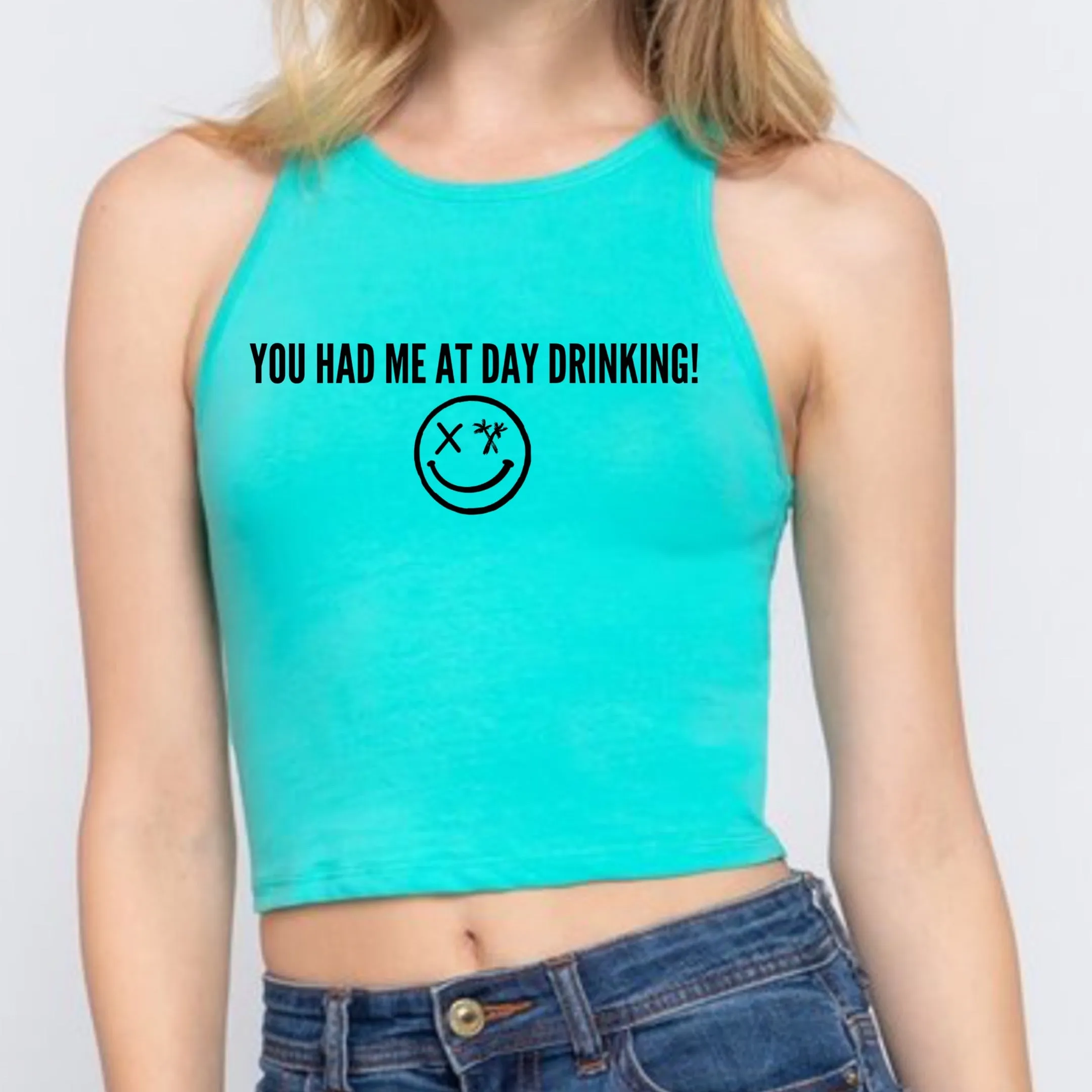 Ladies "Day Drinking" High Neck Sleeveless Crop Tank