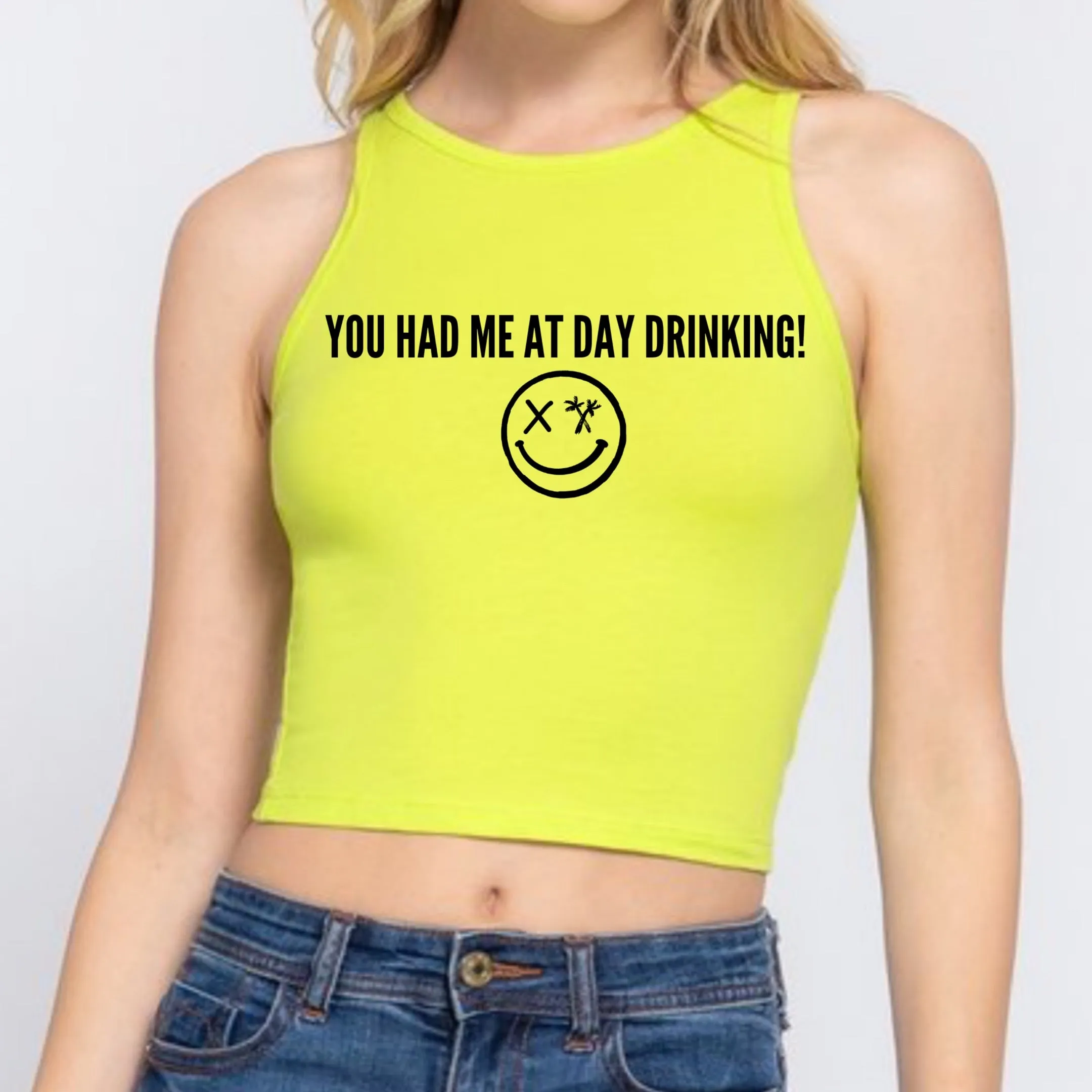 Ladies "Day Drinking" High Neck Sleeveless Crop Tank