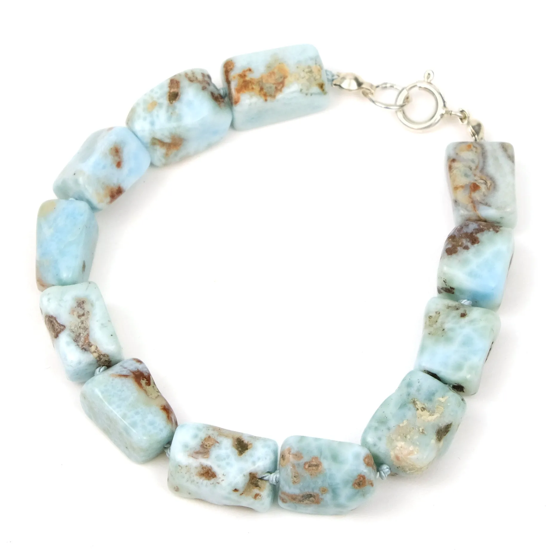 Larimar Knotted Bracelet with Sterling Silver Spring Clasp