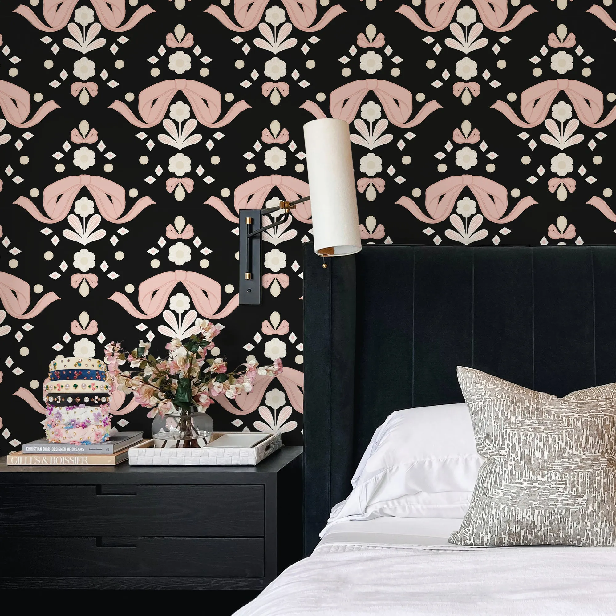 LELE SADOUGHI X NUWALLPAPER BY WALLPOPS BOW DAMASK BLACK PEEL AND STICK WALLPAPER