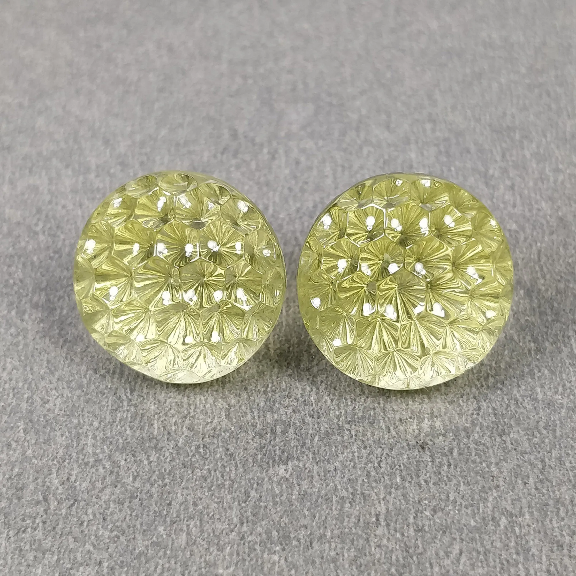 LEMON QUARTZ Gemstone Carving : 28.75cts Natural Untreated Unheated Quartz Hand Carved Round Shape 15mm Pair