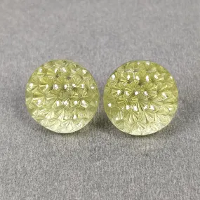 LEMON QUARTZ Gemstone Carving : 28.75cts Natural Untreated Unheated Quartz Hand Carved Round Shape 15mm Pair