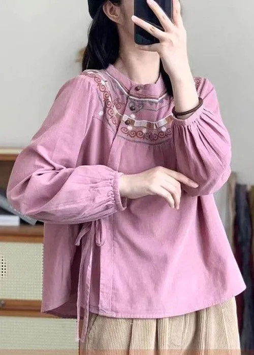 Loose Apricot Lace Up Button Print Cotton Shirt Long Sleeve AB1030