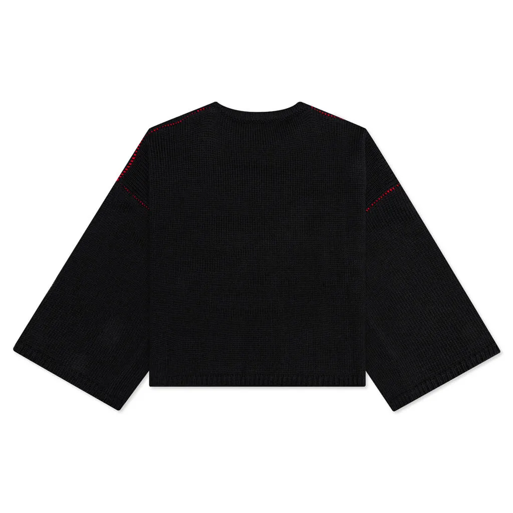 Loose Fit Cropped Wool Jacquard Sweater - Black