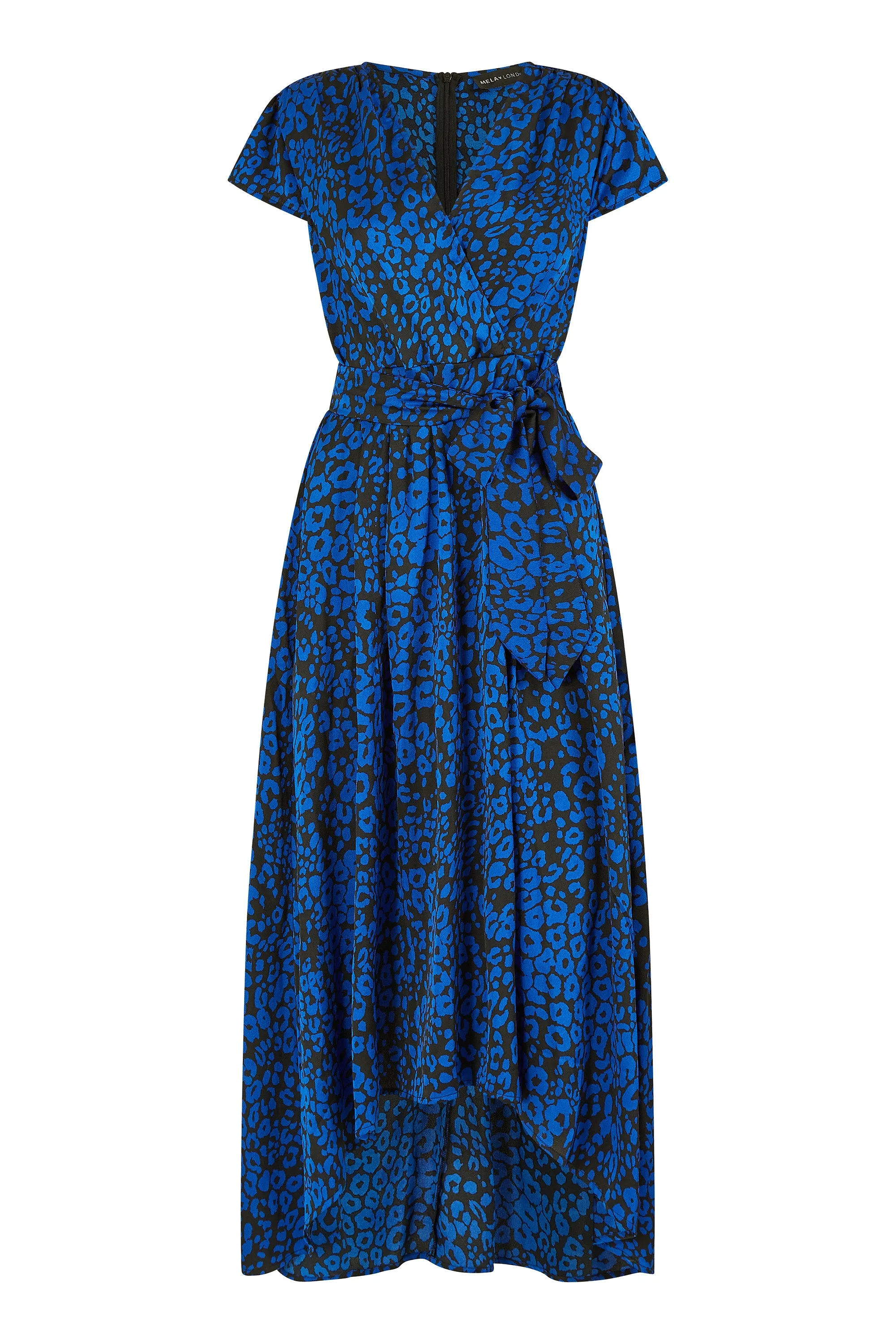 Mela London Blue Animal Print Dip Hem Midi Wrap Dress