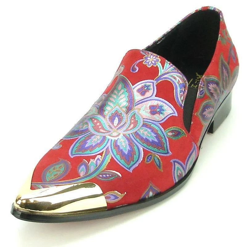 Men's Fiesso Red Suede Floral Design Loafer Metal Tip Dress Shoes FI 7133