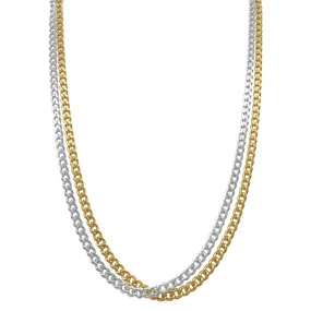 Men's Tarnish Resistant 14k Gold Plated and White Rhodium Plated Curb Chain Set