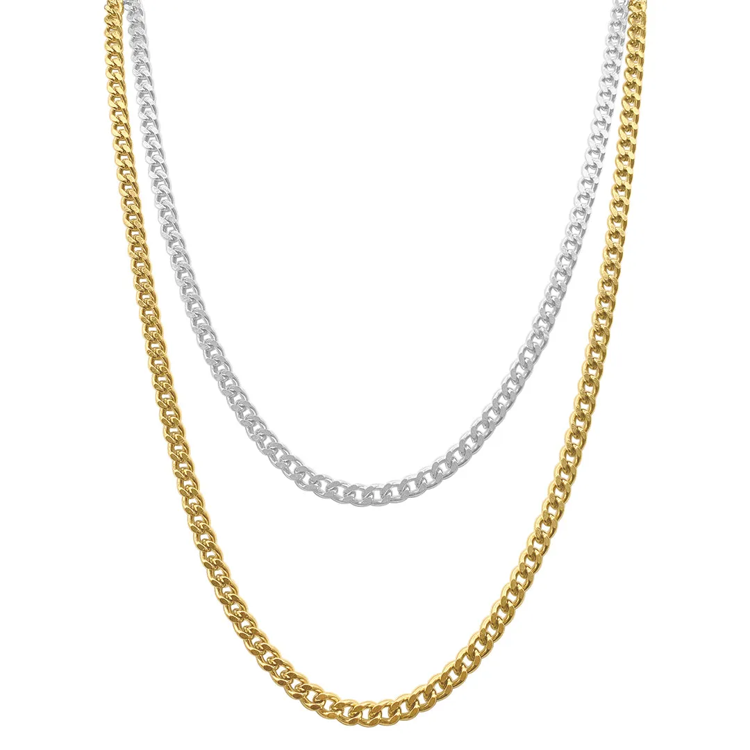 Men's Tarnish Resistant 14k Gold Plated and White Rhodium Plated Curb Chain Set