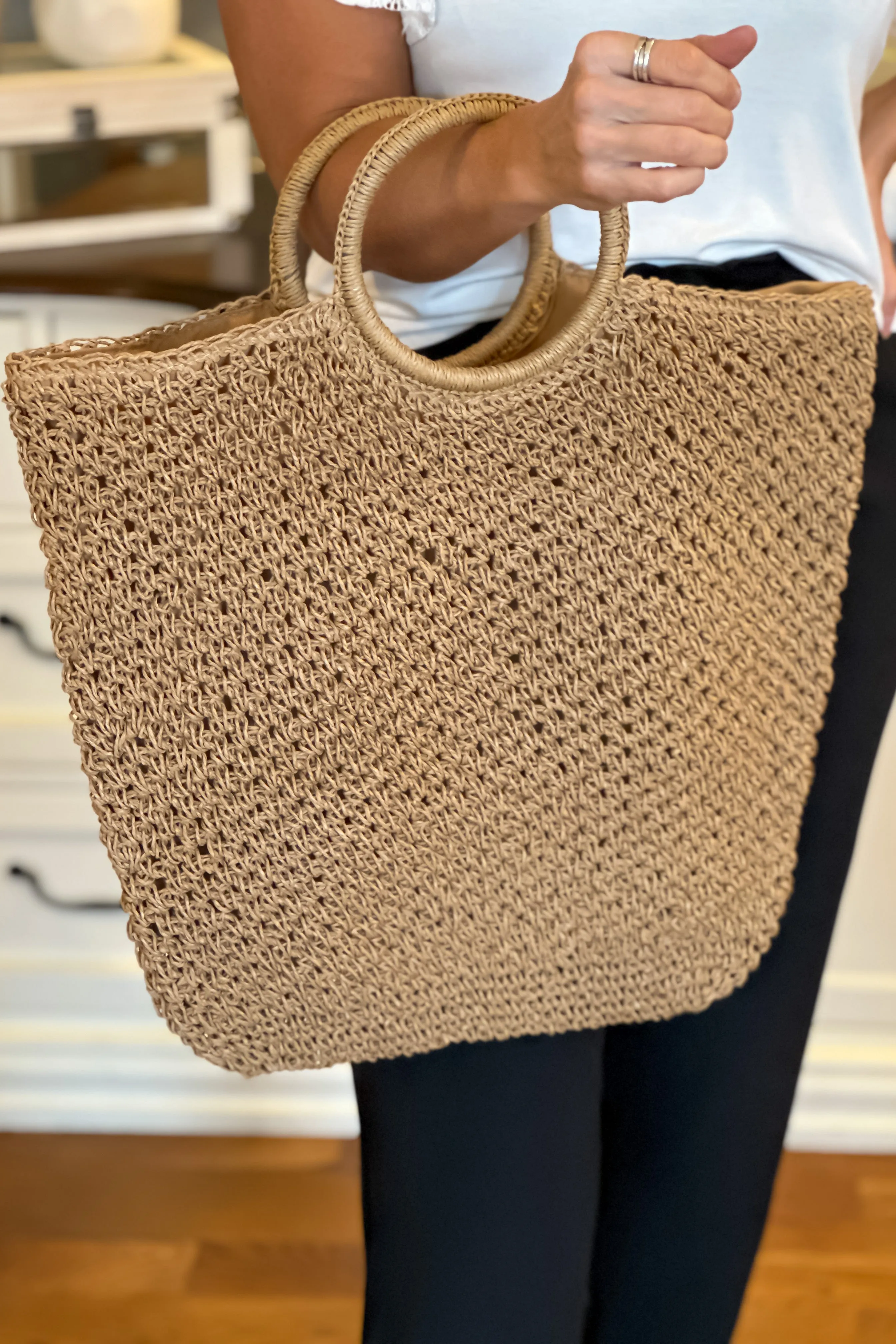 Minimalist Loose Woven Straw Tote Bag : Khaki