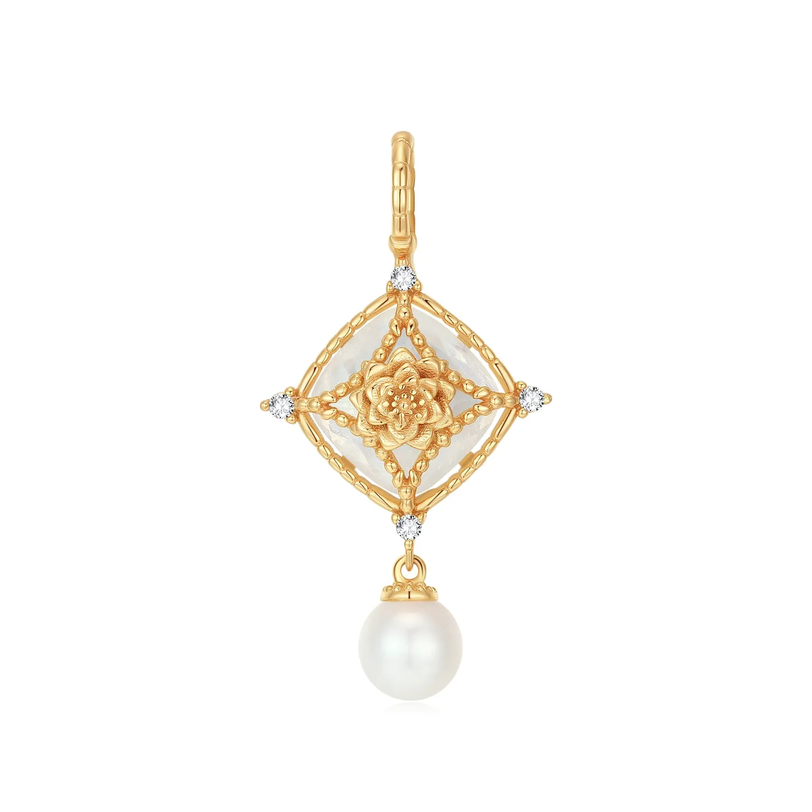 Moonstone & Freshwater Pearl Gold Pendant - Water Lily