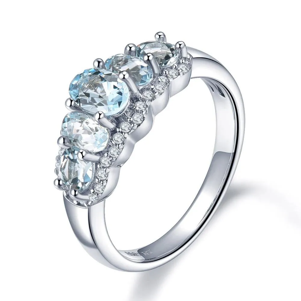 Natural Aquamarine and Cubic Zirconia Ring - 925 Sterling Silver