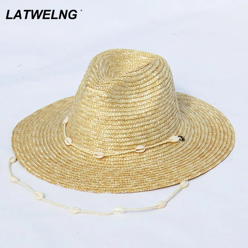 New Seashells Beaded Beach Hats With Chain For Women Fashion Straw Woven Fedora Sun Hats Summer Holidaty Panama Hat