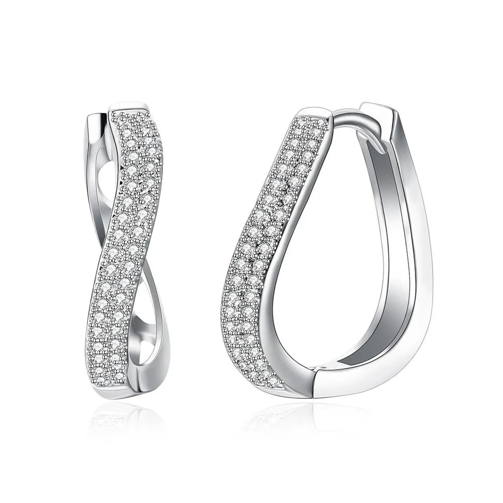 New Women's Silver Color Curved Hoop Earrings With Zircon