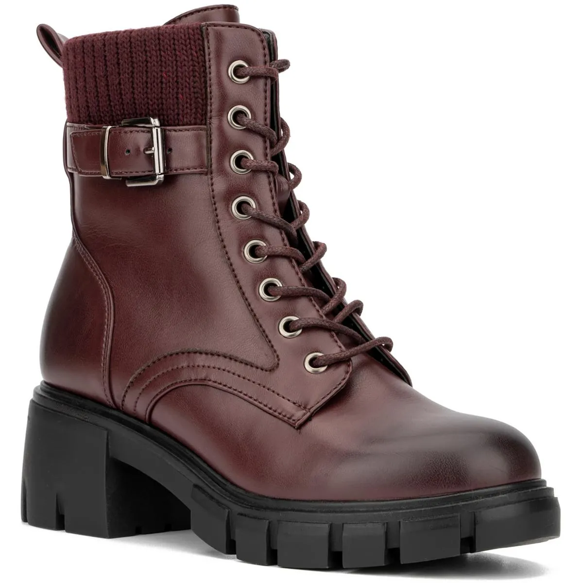 New York & Company Womens Christine Faux Leather Lug Sole Combat & Lace-Up Boots