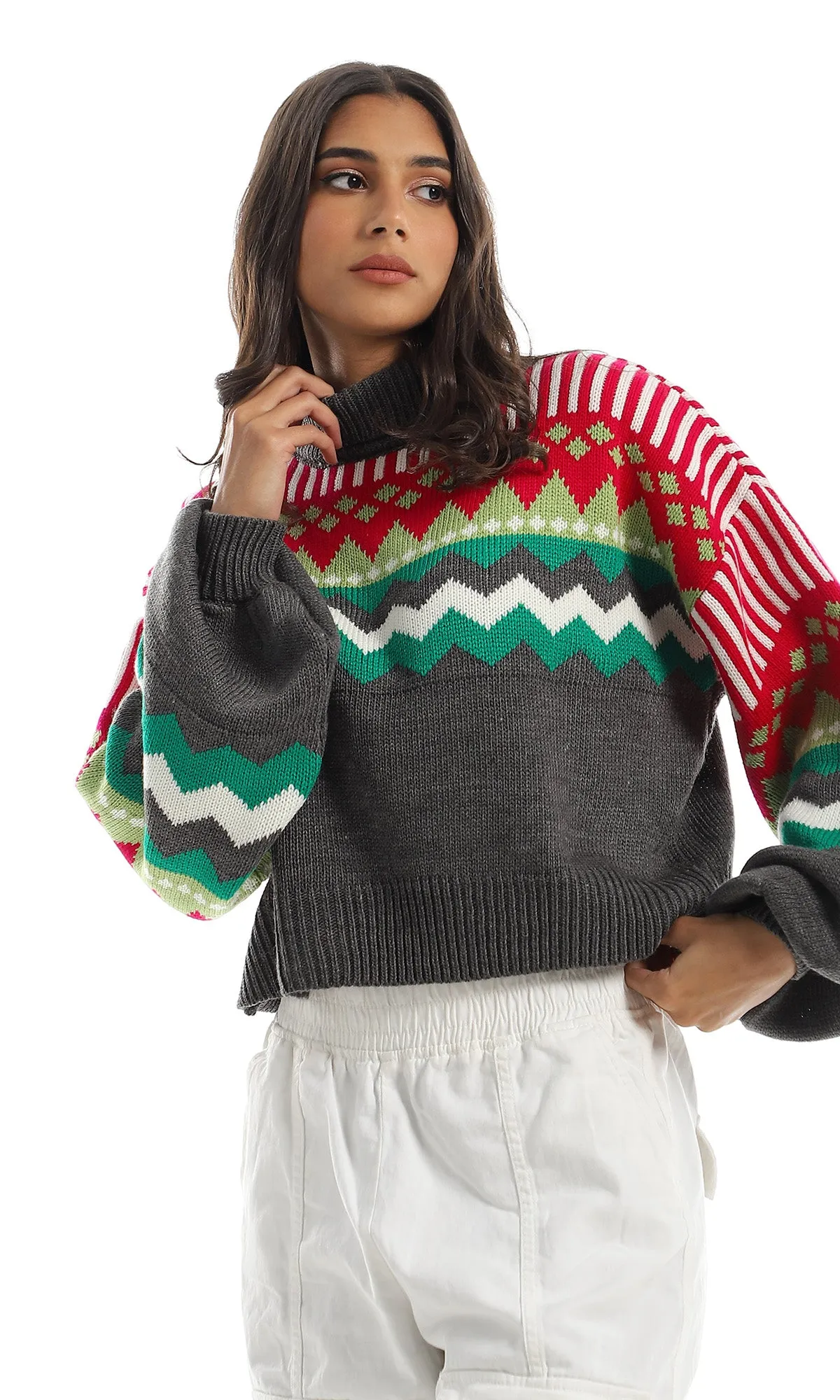 O152909 Colorful Loose Knitted High Neck Grey Pullover