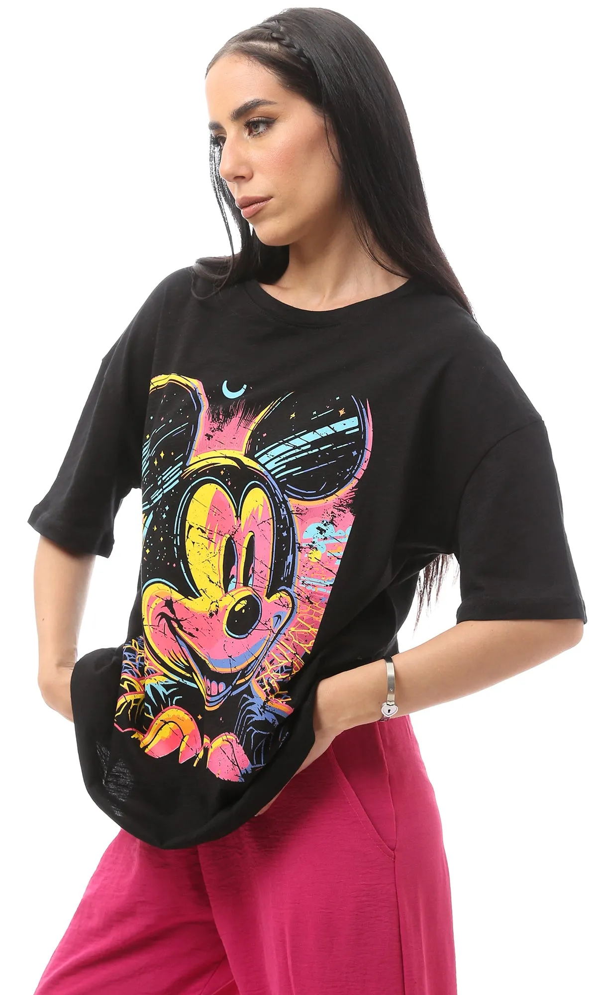 O165819 Colorful Printed Mickey Mouse Black Casual Tee