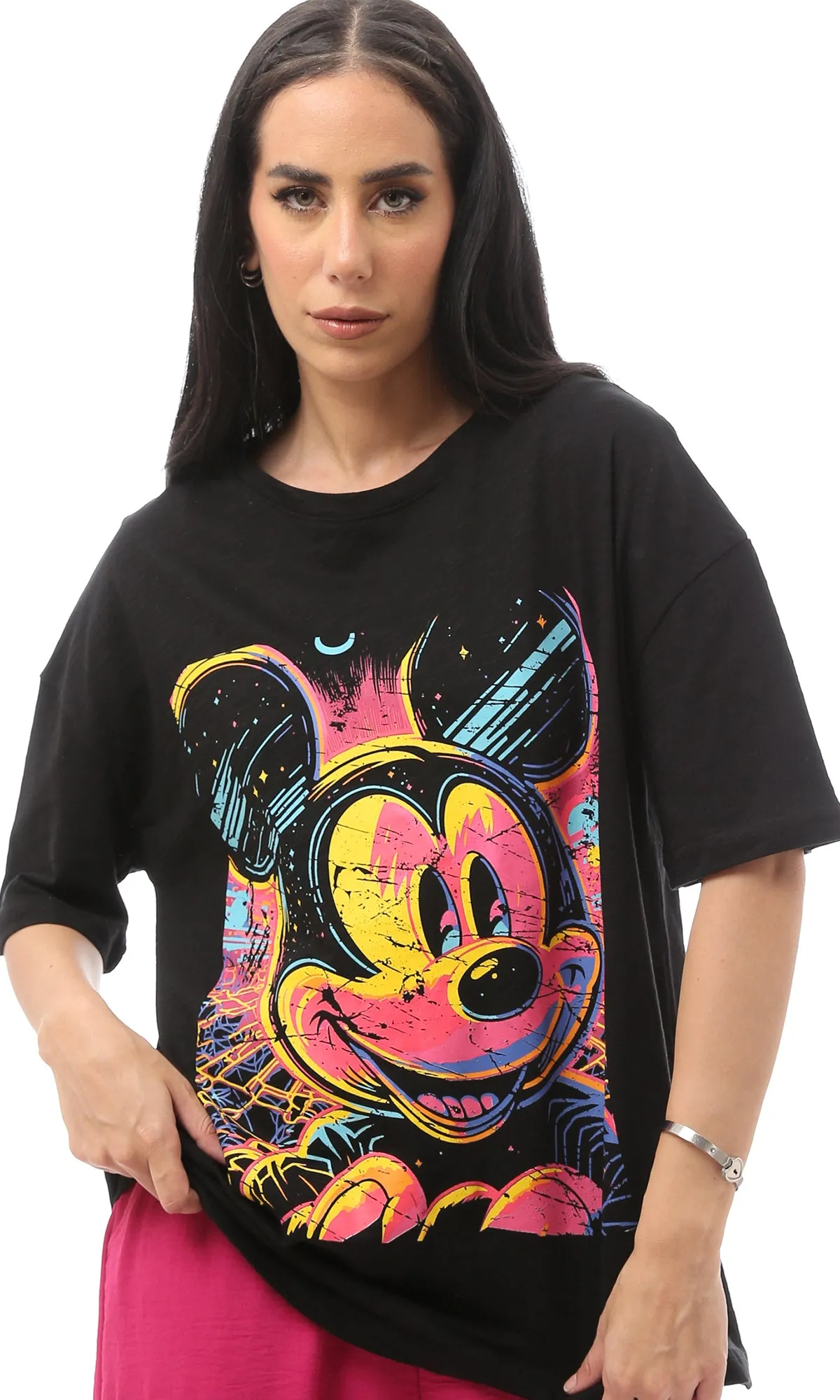 O165819 Colorful Printed Mickey Mouse Black Casual Tee