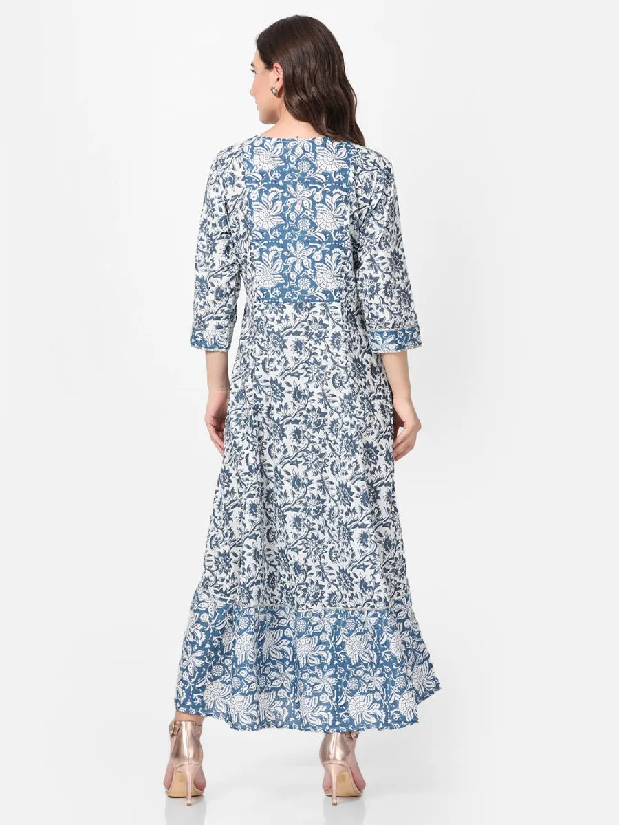 Off White Blue Floral Printed Dress