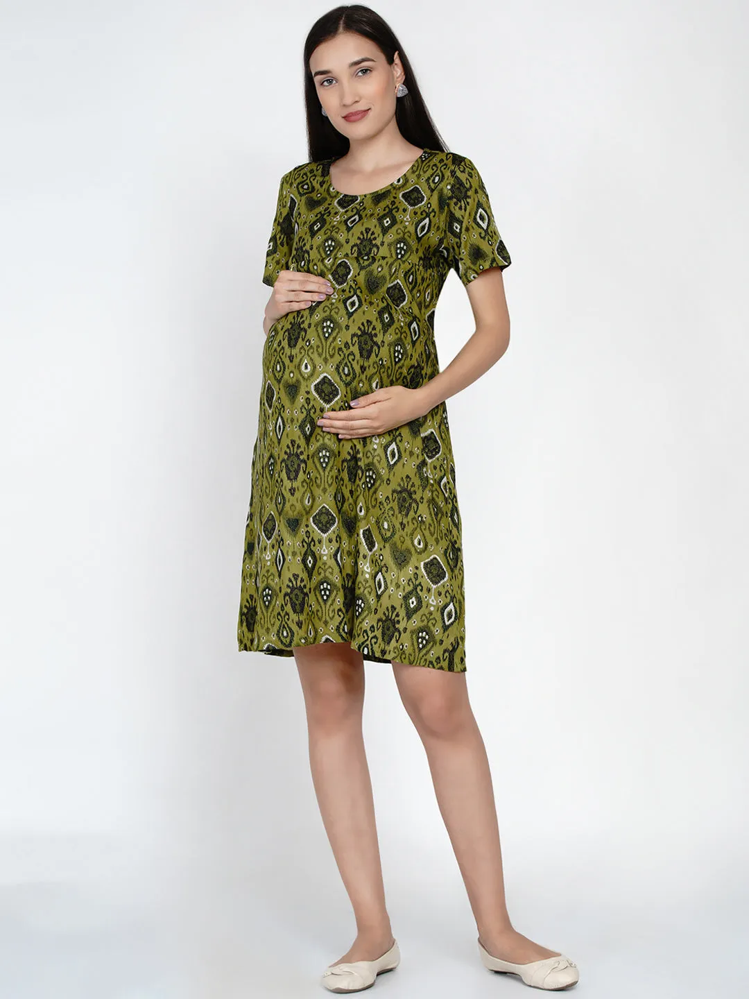 Olive Green Geometric Print Mini Maternity and Nursing Dress