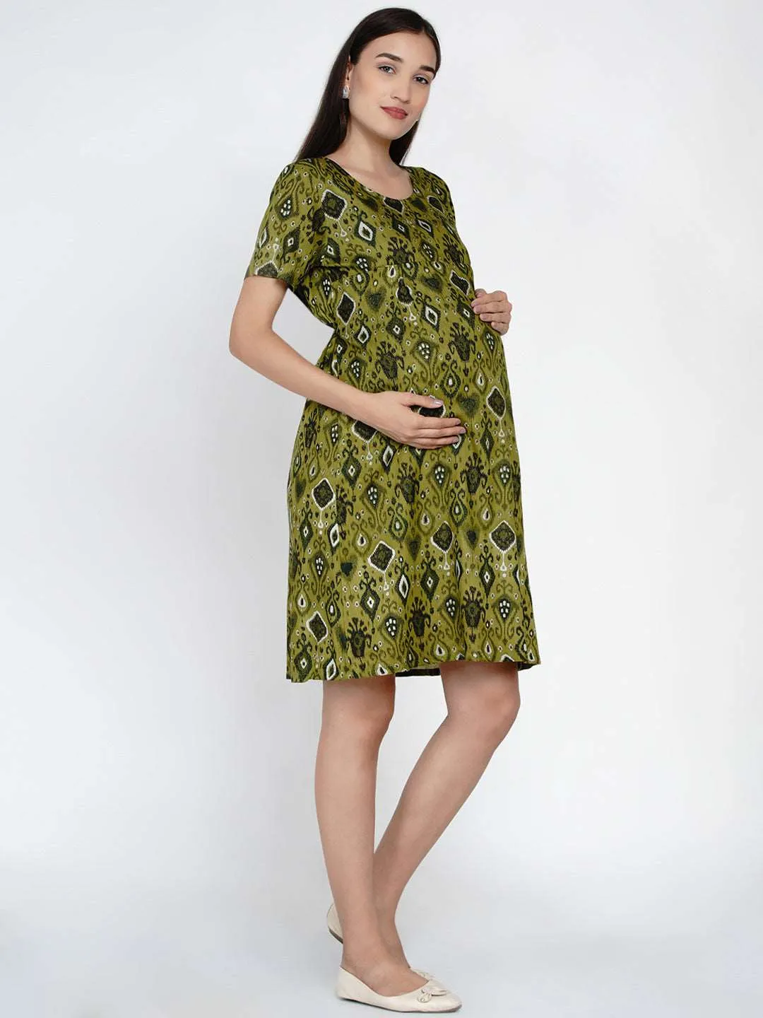 Olive Green Geometric Print Mini Maternity and Nursing Dress