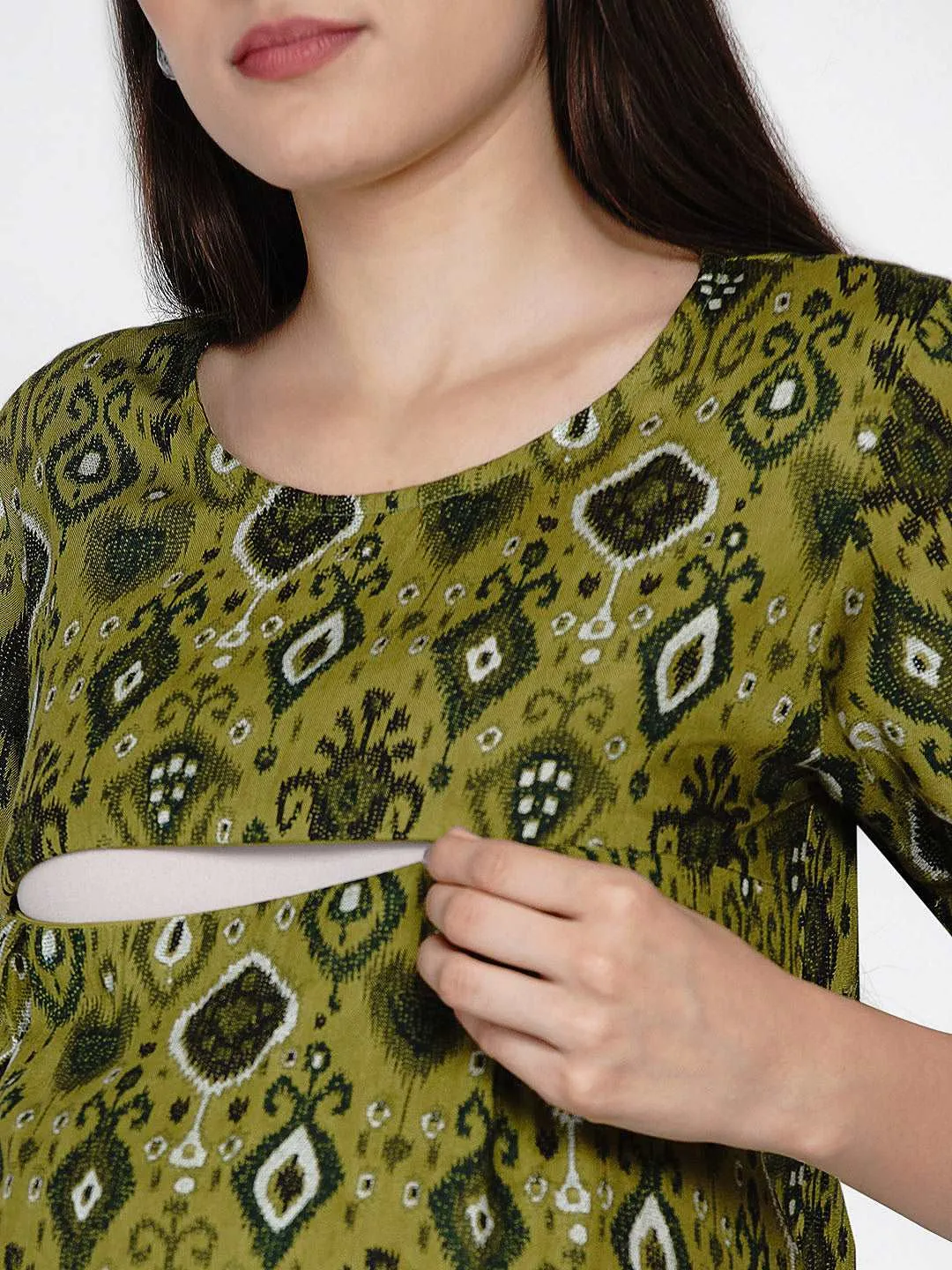 Olive Green Geometric Print Mini Maternity and Nursing Dress