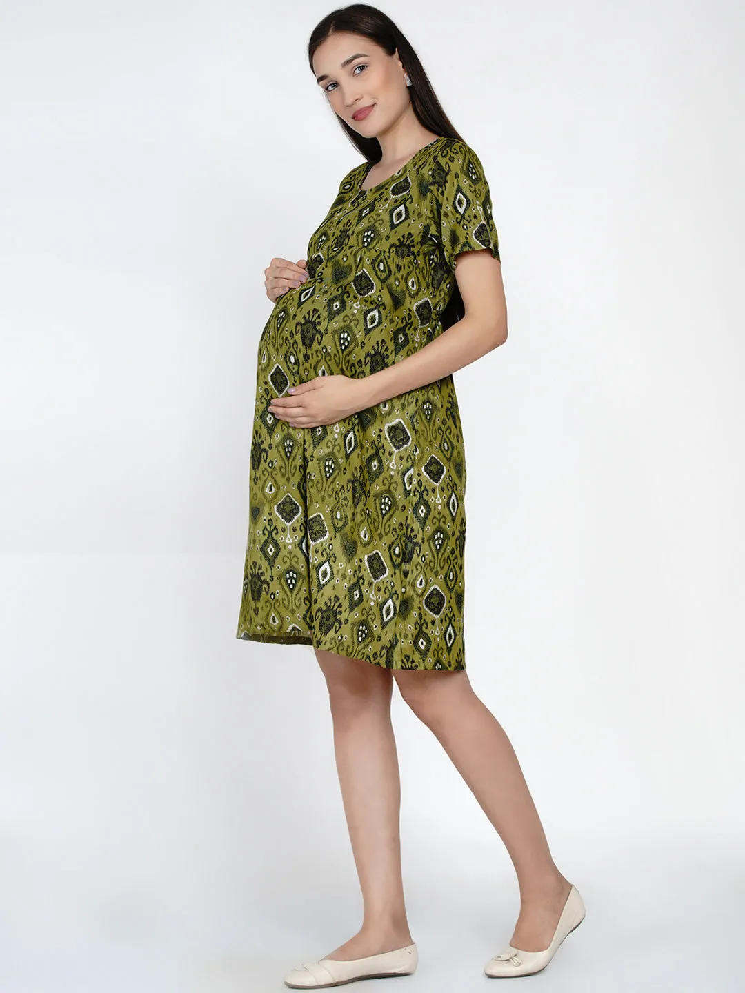 Olive Green Geometric Print Mini Maternity and Nursing Dress