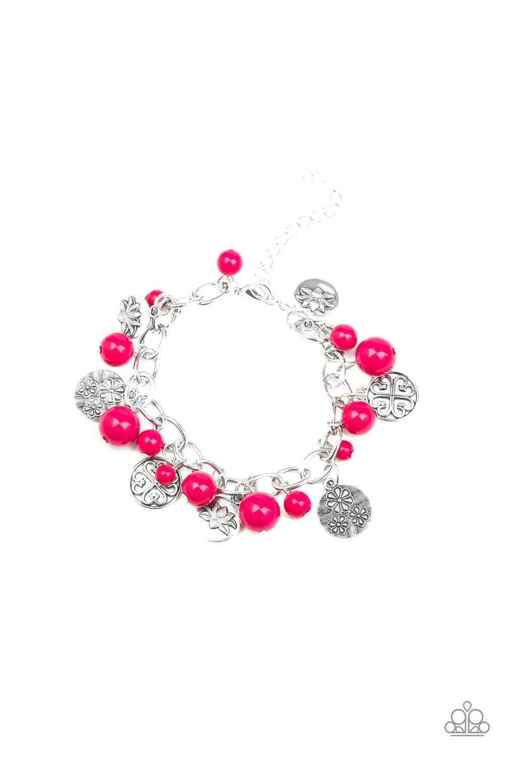 Paparazzi Bracelet ~ Lotus Lagoon - Pink Beads - Silver Flower Charms - Bracelet