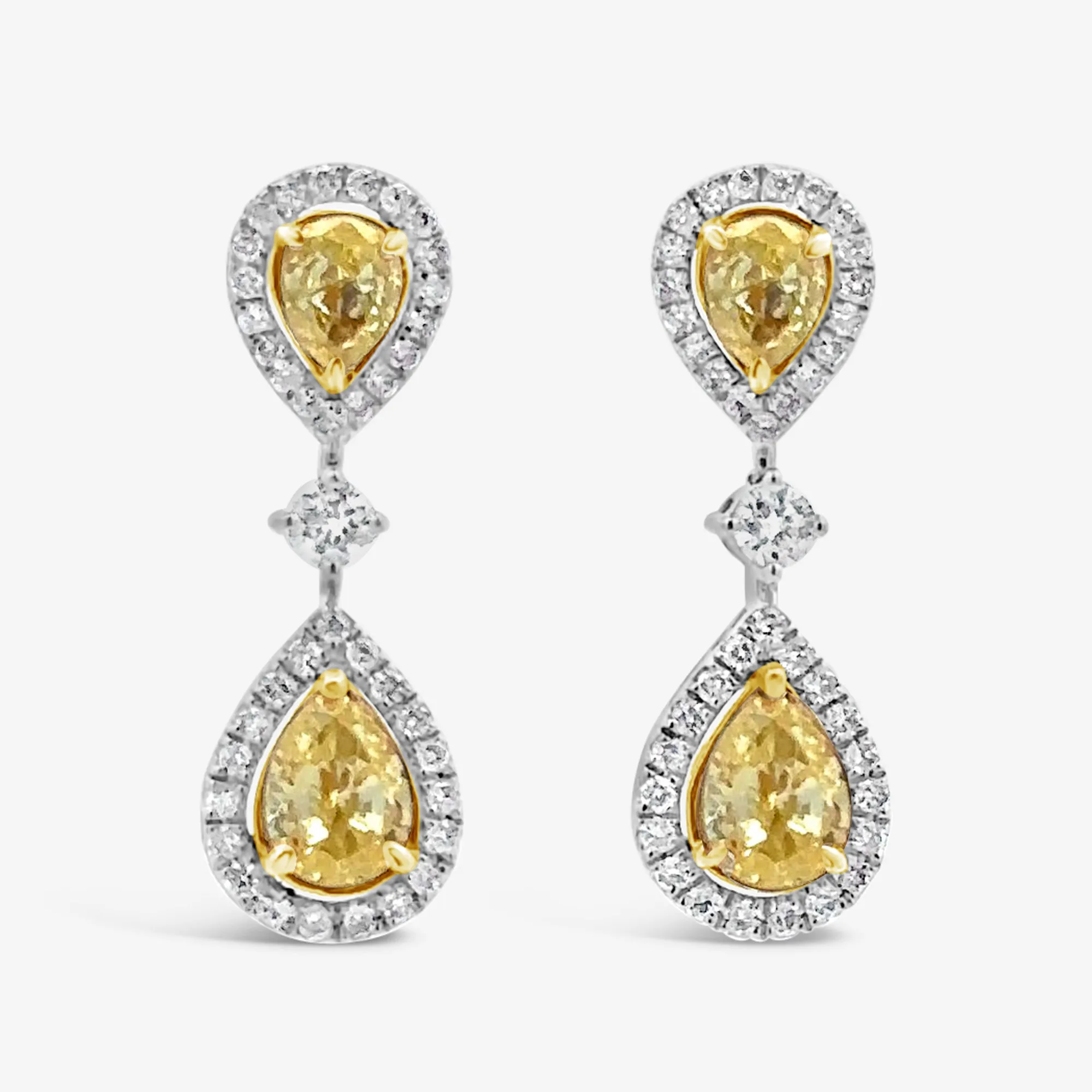 Pear Shaped Yellow & White Diamond Dangle Earrings