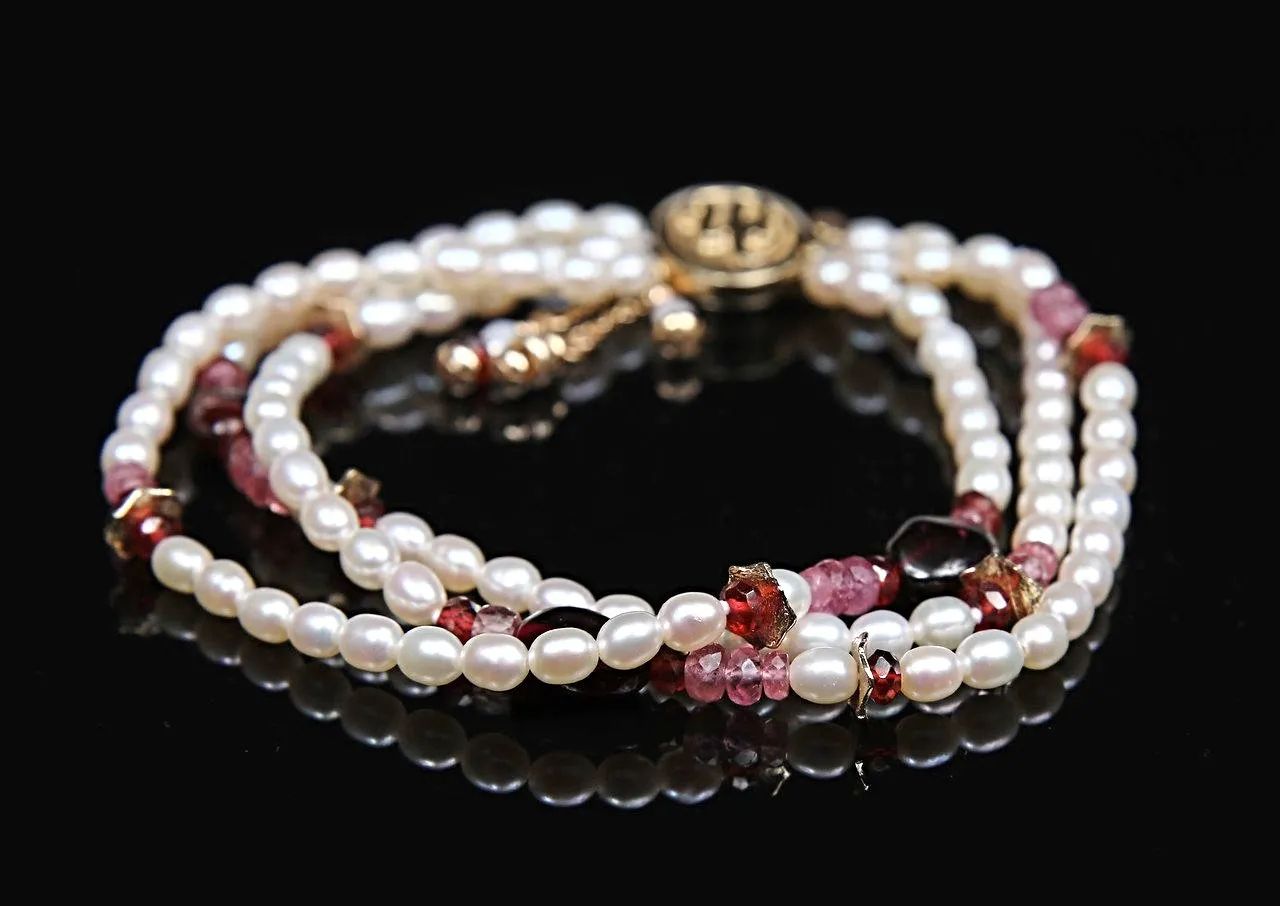 Pearl, Pink Tourmaline, Rubies, Garnet, and Gold Bracelet